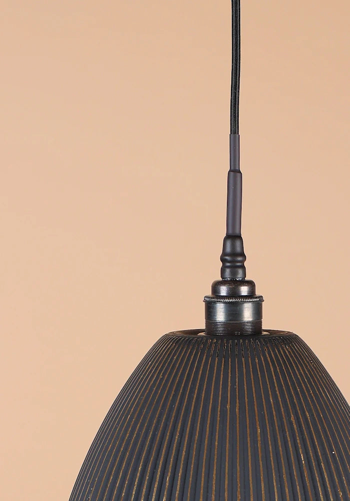 3 way cluster black and gold bell shaped ribbed glass bathroom pendant light with antique bronze lamp holder.