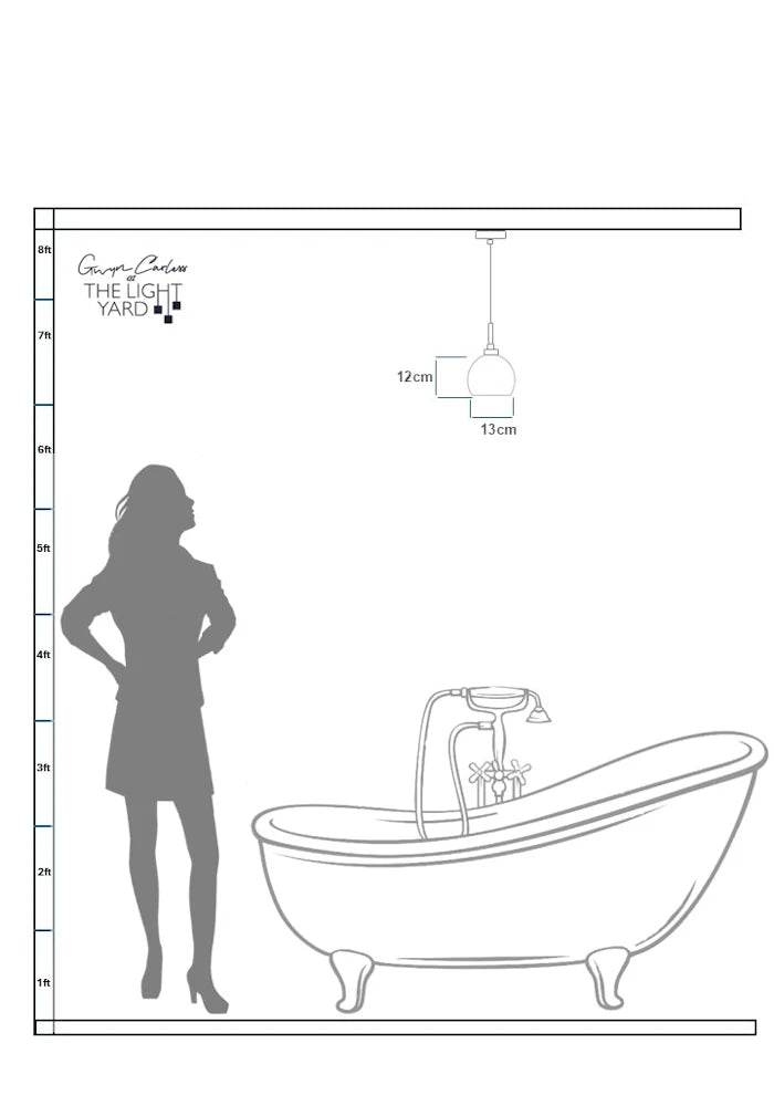 Data sheet with sketch of woman looking up at small bathroom pendant light.