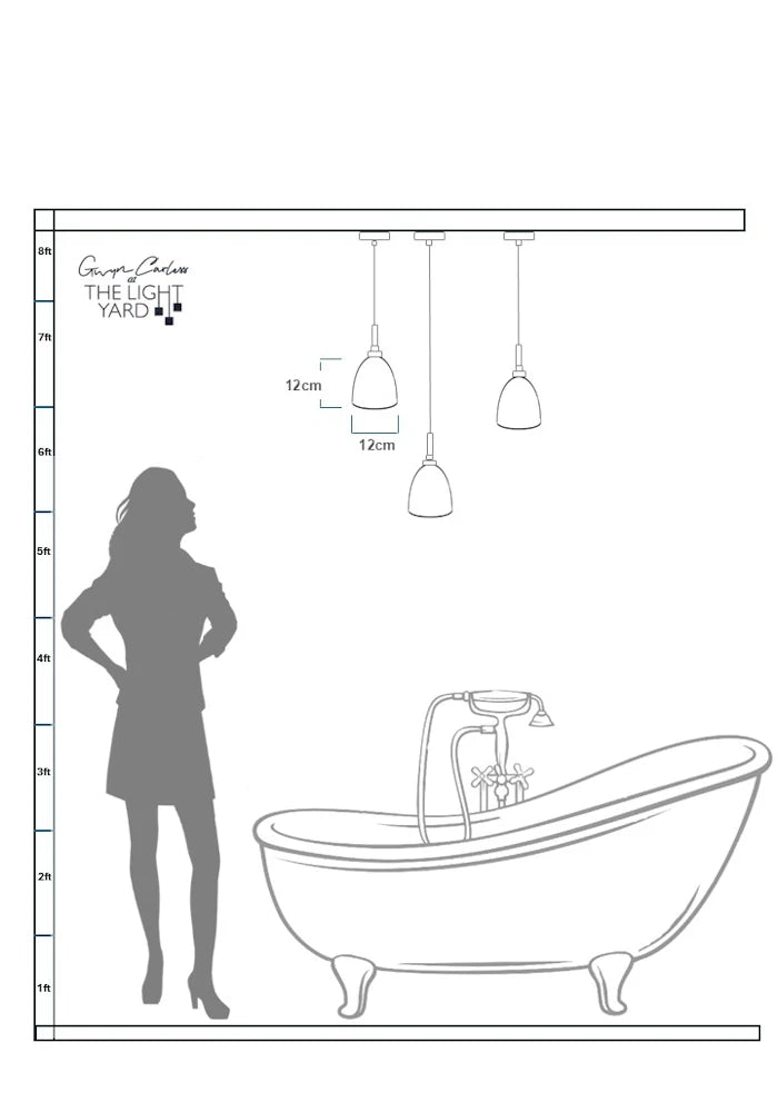 Data sheet sketch of woman looking up at triple bathroom pendant light cluster.