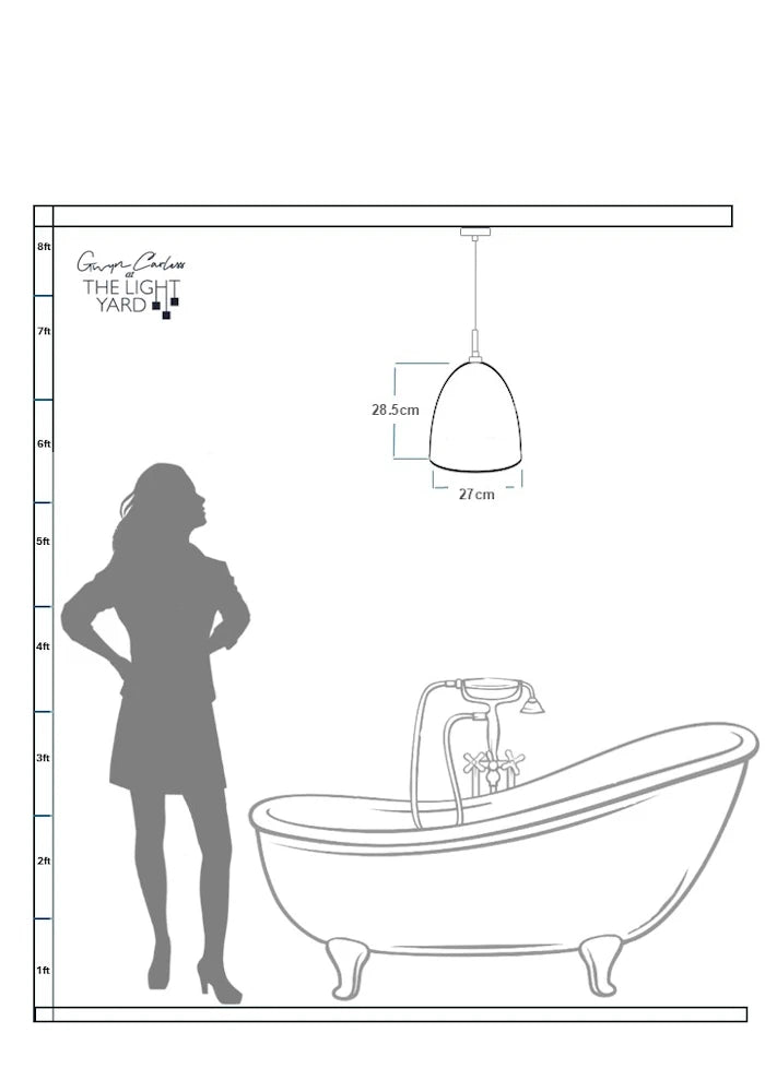 Data sheet with sketch of woman looking up at large bell bathroom pendant light.