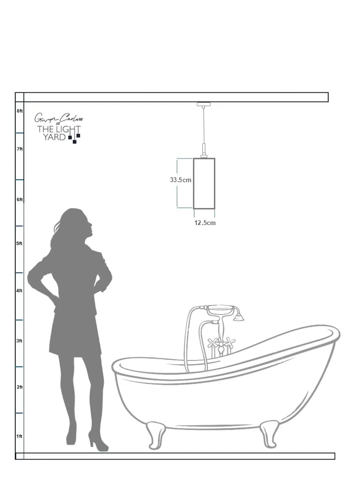 Data sheet showing sketch of woman looking up at large rectangular bathroom pendant light