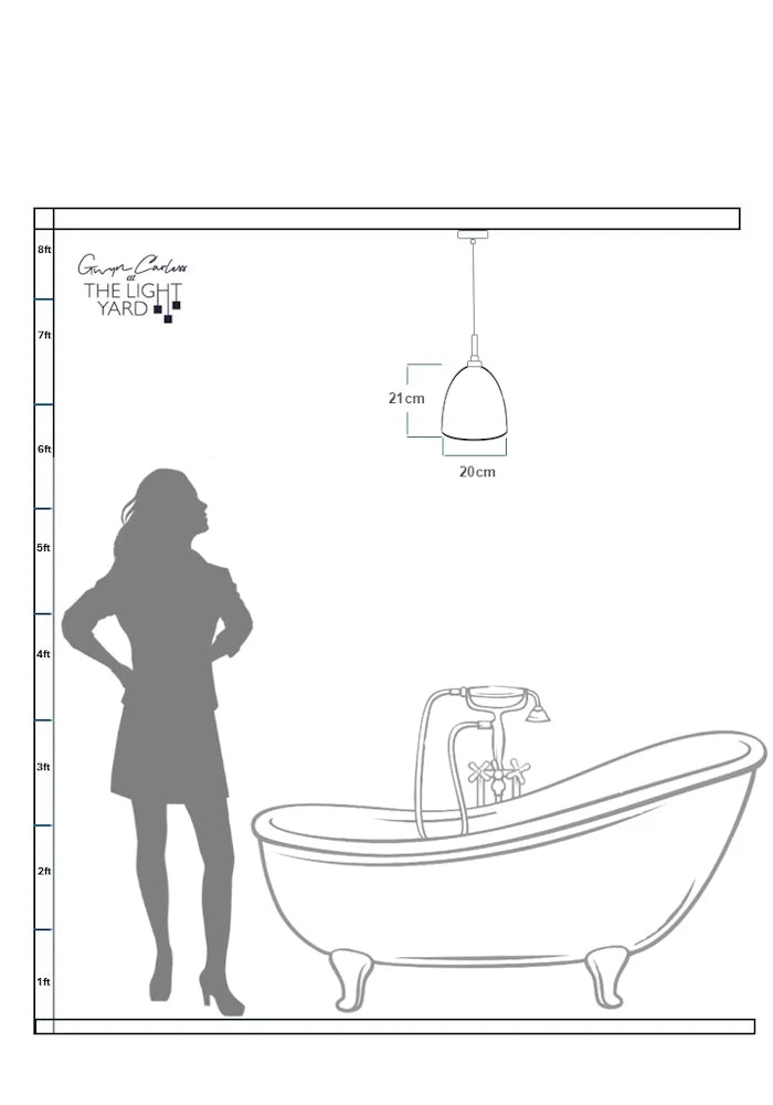 Data sheet with sketch of woman looking up at medium sized bell bathroom pendant light.