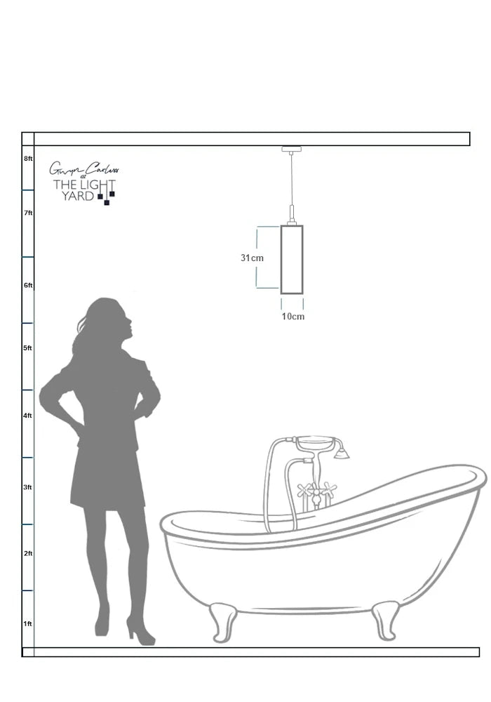 Data sheet sketch of woman looking up at rectangular bathroom pendant light.