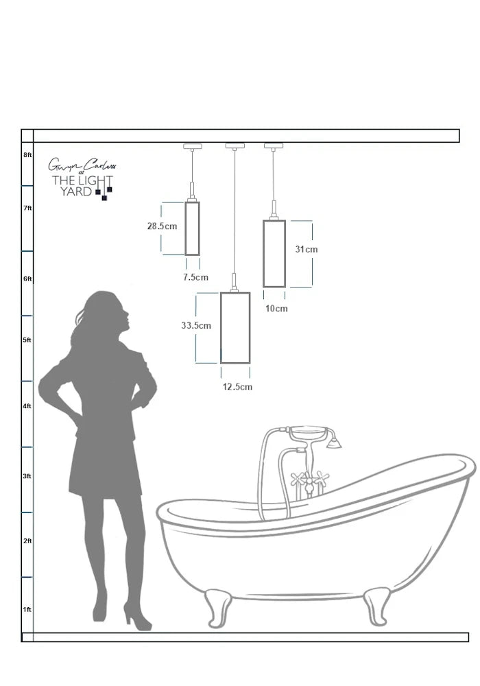 Data sheet of woman looking up at three different size bathroom pendant lights.