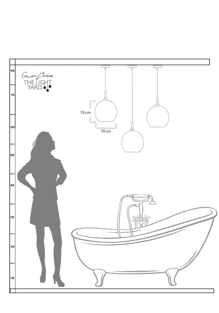 Data sheet sketch of woman looking up at three large bathroom pendant lights.