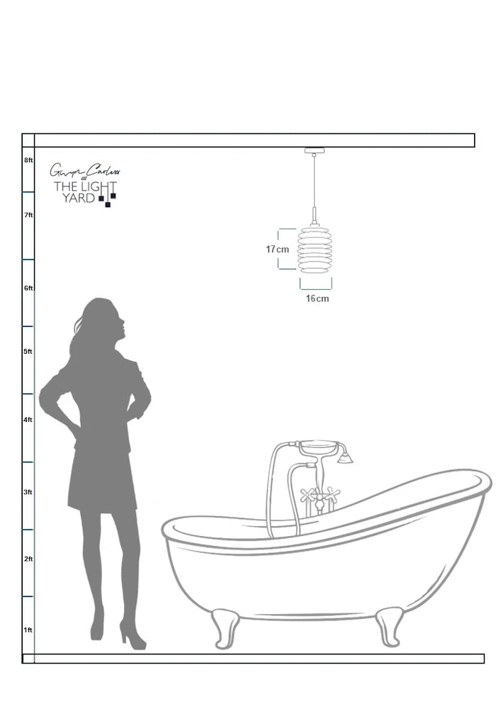 Data sheet sketch of woman looking up at concertina style bathroom pendant light