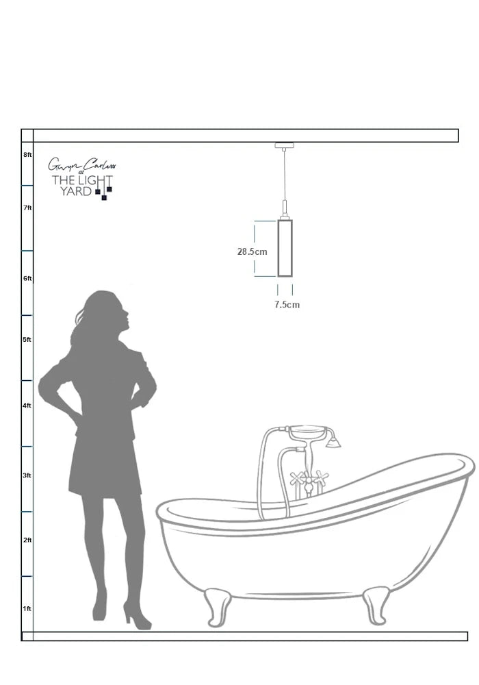 Data sheet with sketch of woman looking up at long bathroom pendant light