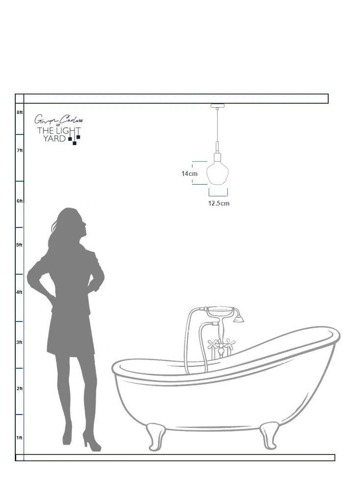 Data sheet sketch of woman looking up at Enno bathroom pendant light.