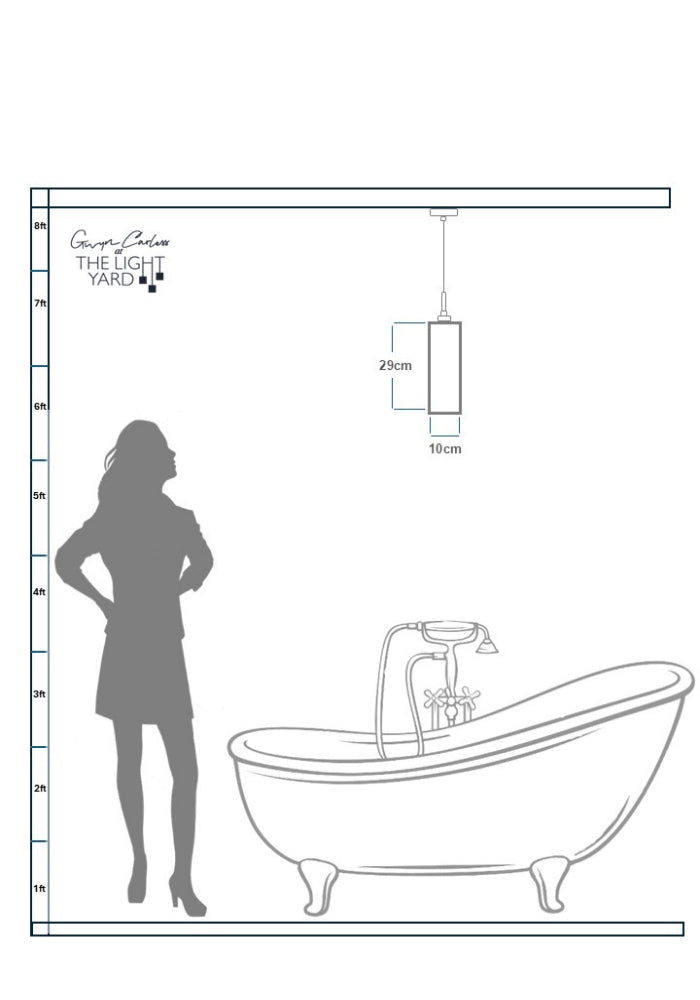 Specification sheet with image of woman looking up at bathroom pendant light - Logo The Light Yard