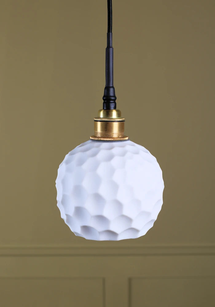 Beehive porcelain bathroom pendant light with brushed brass lamp holder.