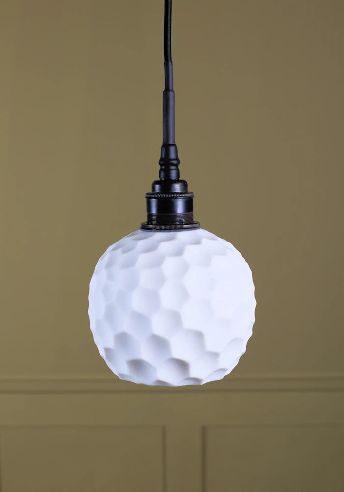 Beehive porcelain bathroom pendant light with antique bronze lamp holder.