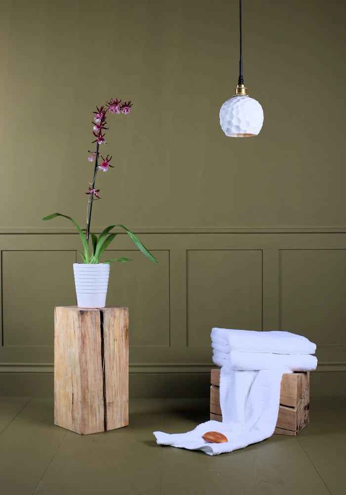 Beehive style porcelain bathroom pendant light switched off with decorative plant and bath towels.