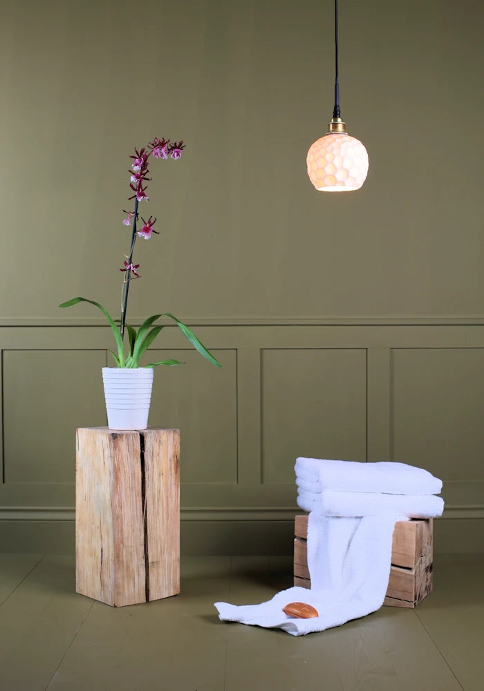 Beehive style porcelain bathroom pendant light with decorative plant and bath towels.