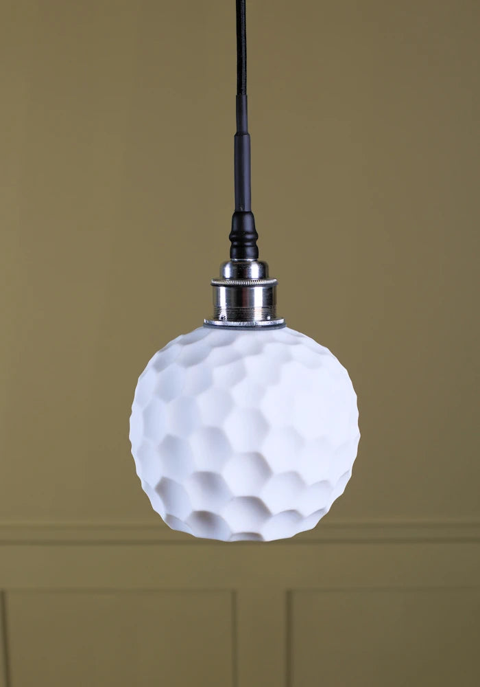 Beehive porcelain bathroom pendant light with brushed nickel lamp holder.