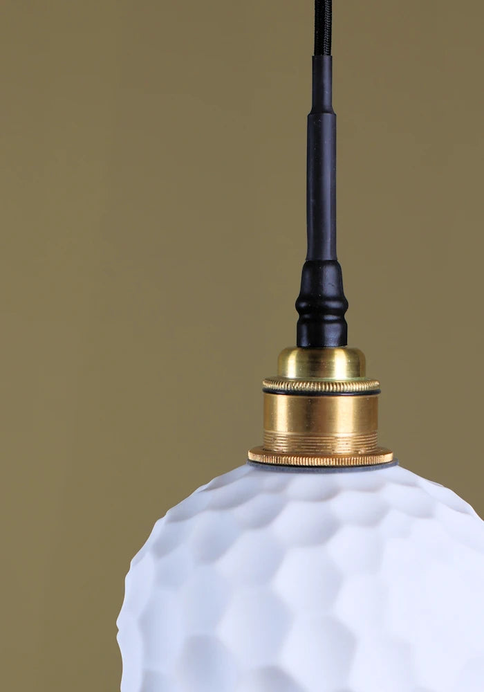 Beehive porcelain bathroom pendant light with brushed brass lamp holder.