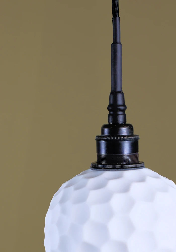 Beehive porcelain bathroom pendant light with antique bronze lamp holder.