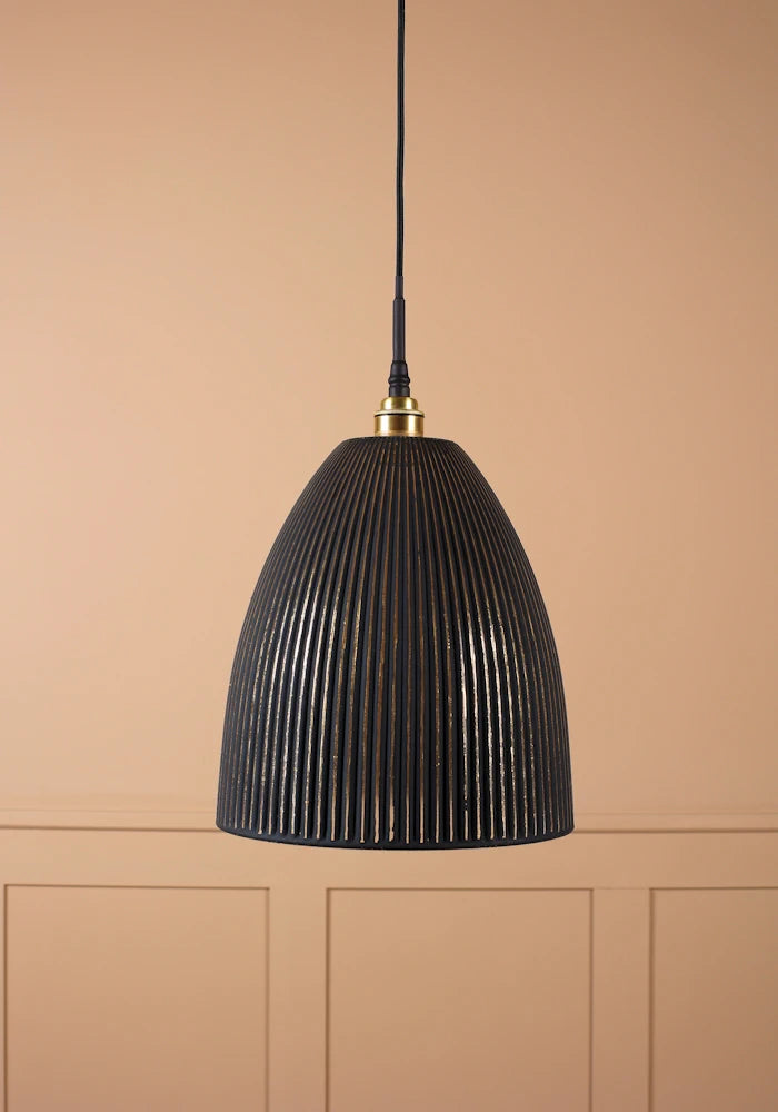 Large black and gold bell shaped ribbed glass bathroom pendant light with brushed brass lamp holder and black fabric flex.