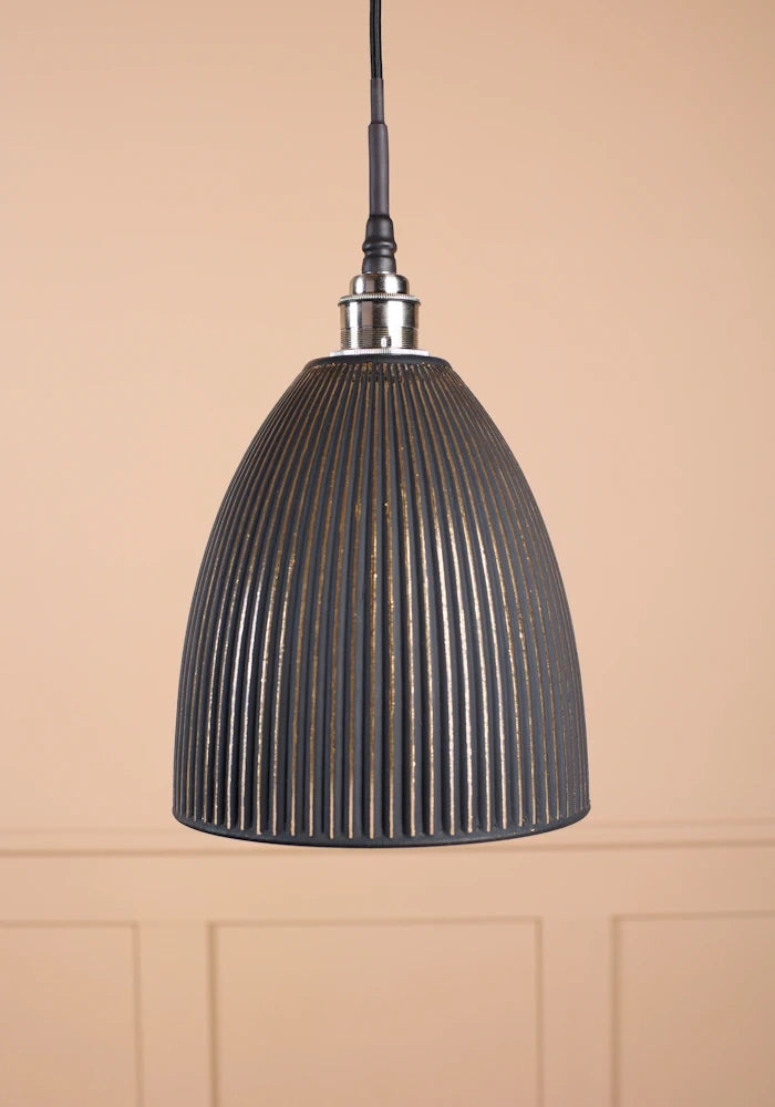 Large black and gold bell shaped ribbed glass bathroom pendant light with brushed nickel lamp holder and black fabric flex.