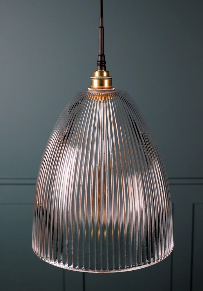 Large bell glass ribbed glass bathroom pendant light with brushed brass lamp holder 