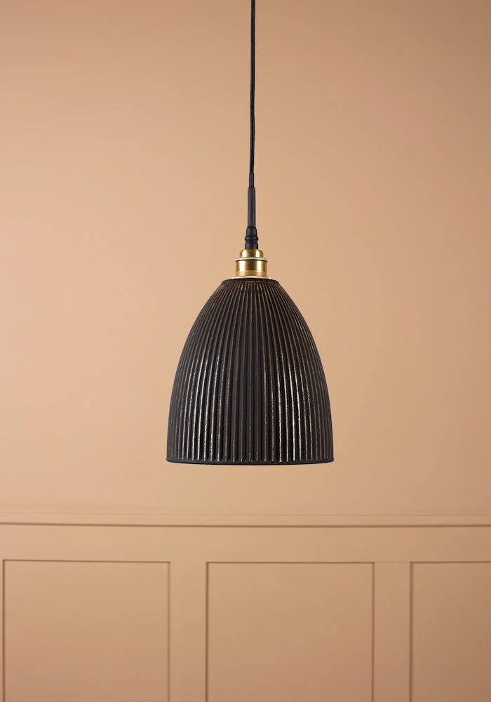 Black bell ribbed glass pendant light with brushed brass lamp holder and black fabric flex