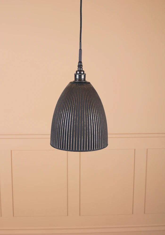 Black bell ribbed glass pendant light with antique bronze lamp holder and black fabric flex