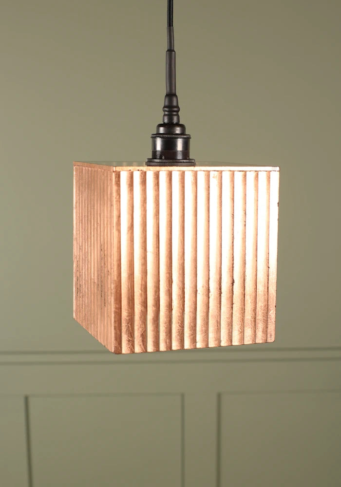 Large cube copper leaf bathroom pendant light with antique bronze lamp holder.