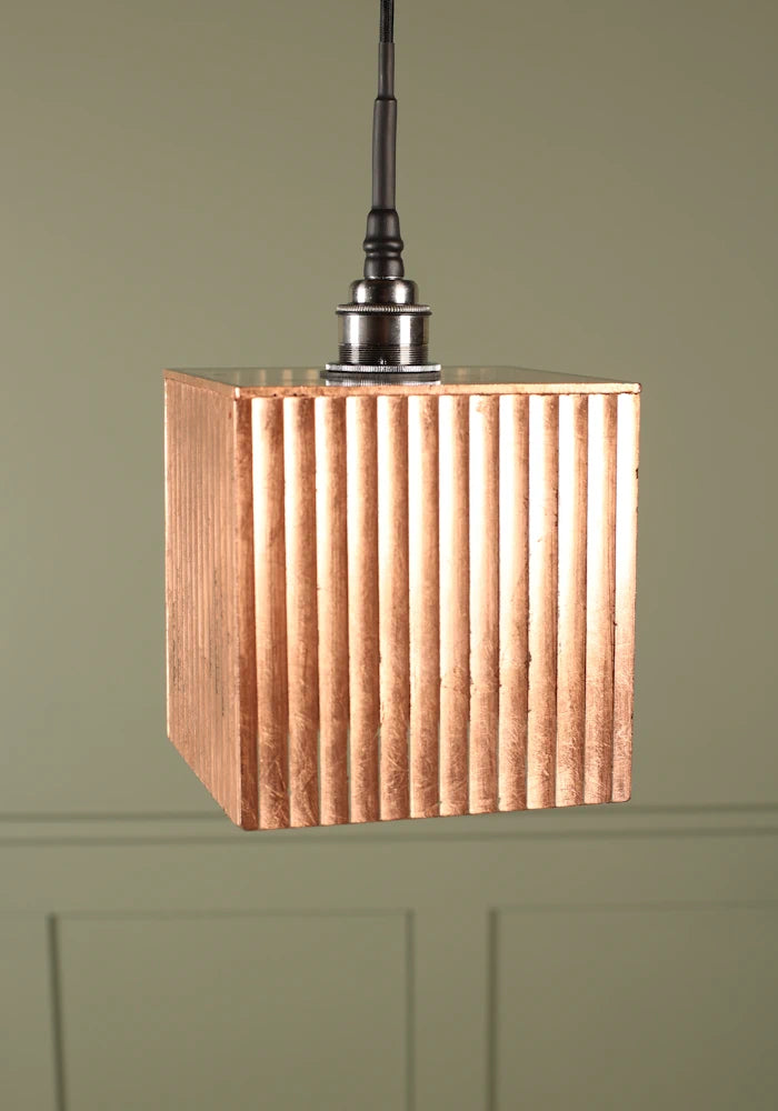 Large cube copper leaf bathroom pendant light with brushed nickel lamp holder.