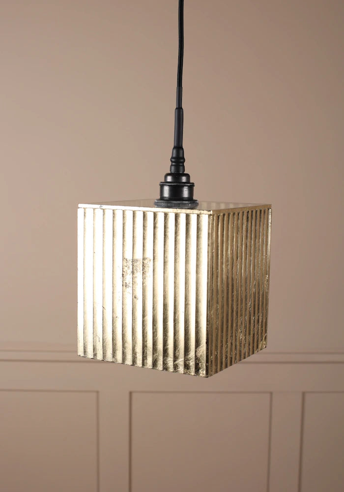 Large cubed gold leaf bathroom pendant light with antique bronze lamp holder.