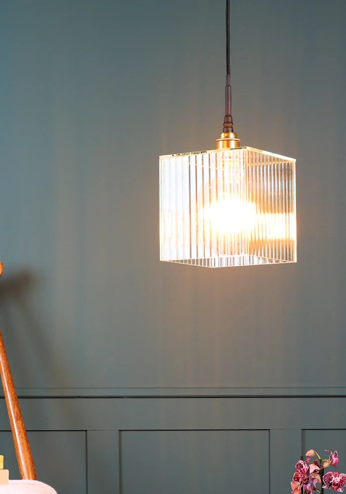 Close up of square ribbed glass bathroom pendant light