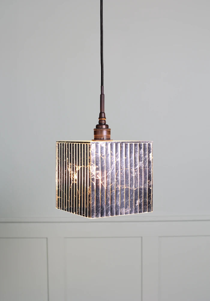 Large square silver leaf bathroom pendant light with antique bronze lamp holder.