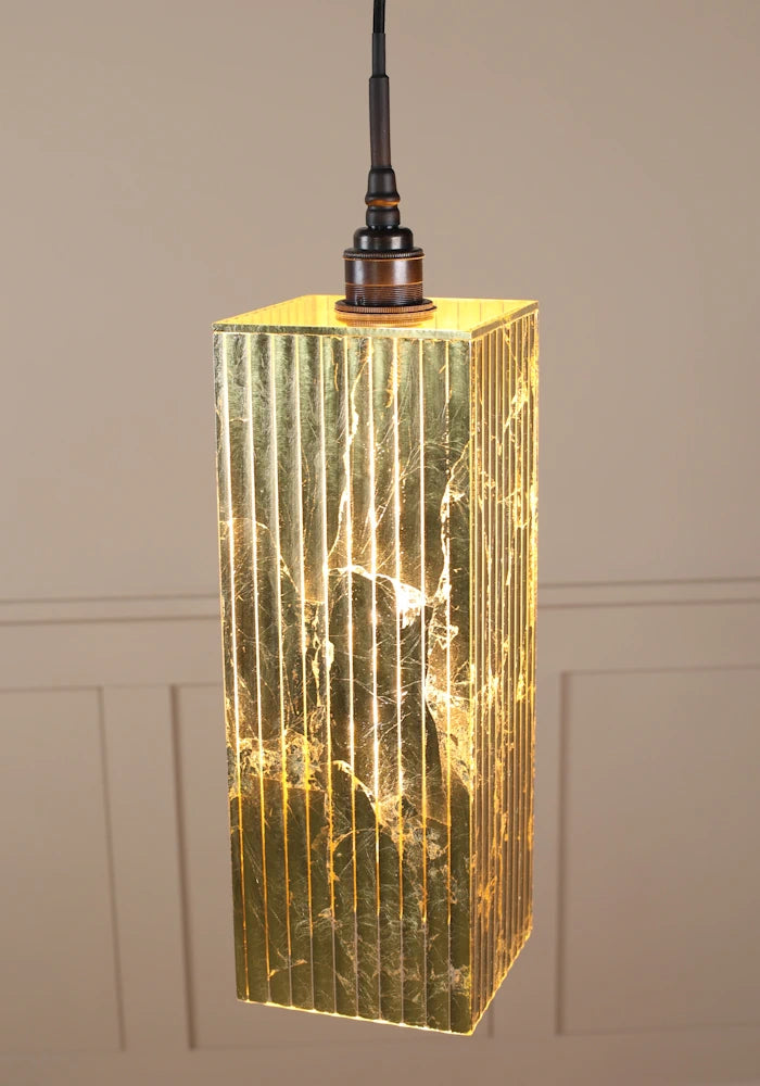 Large rectangular gold leaf bathroom pendant light with antique bronze lamp holder.