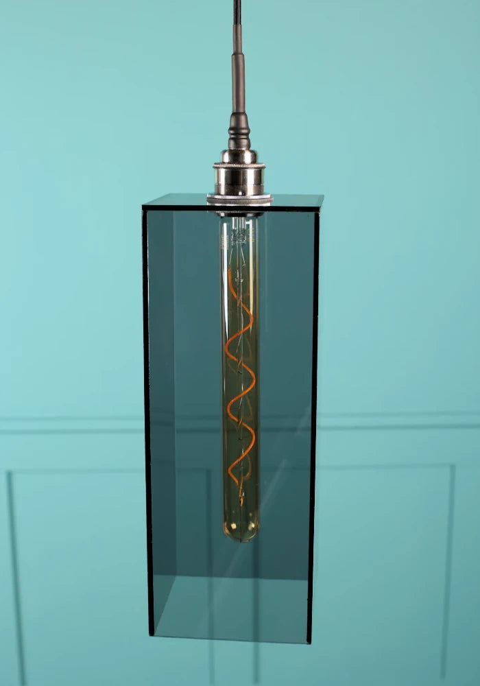 Large rectangular smoked glass bathroom pendant light with brushed nickel lamp holder.