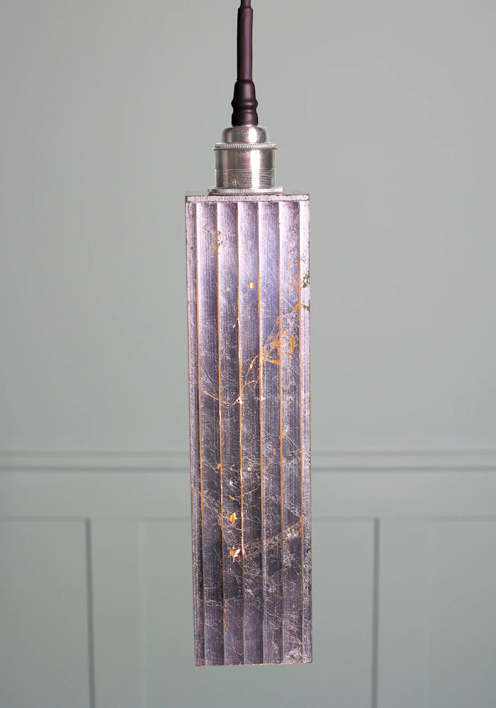 Long rectangular silver leaf bathroom pendant light with brushed nickel lamp holder.