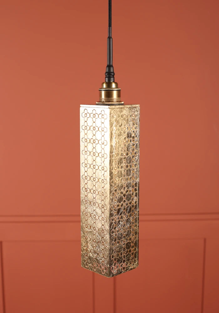 Elongated rectangular Moroccan style bathroom pendant light with brushed brass lamp holder.