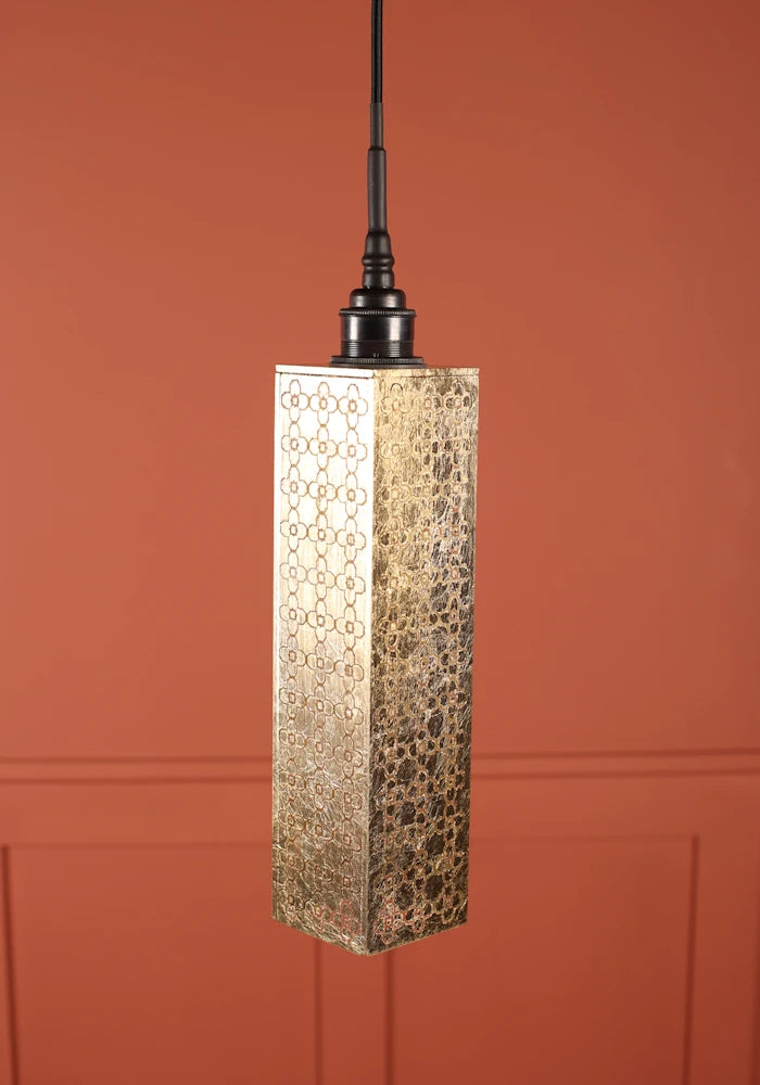 Elongated rectangular Moroccan style bathroom pendant light with antique bronze lamp holder.