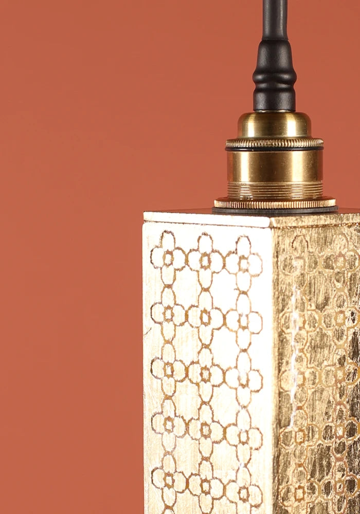 Close up of elongated rectangular Moroccan style bathroom pendant light.