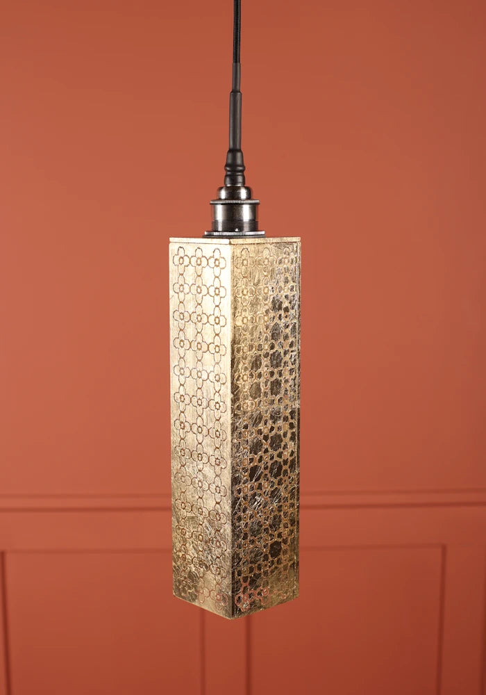 Elongated rectangular Moroccan style bathroom pendant light with brushed nickel lamp holder.