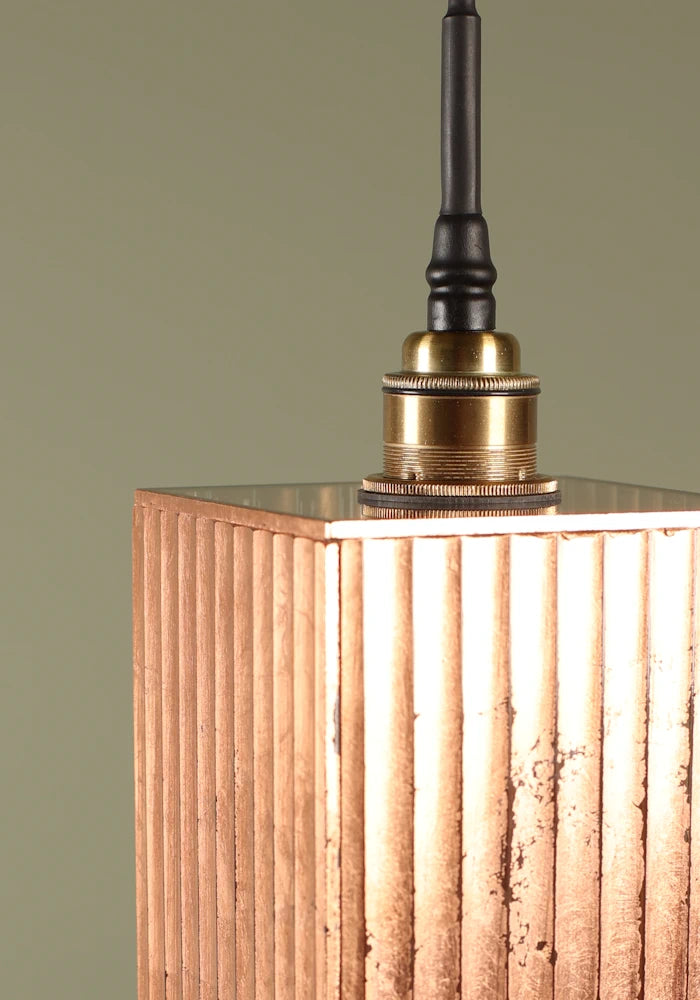 Large copper leaf bathroom pendant light with brushed brass lamp holder.