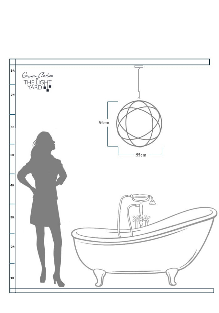 Data sheet sketch of woman looking up at large industrial style bathroom pendant.