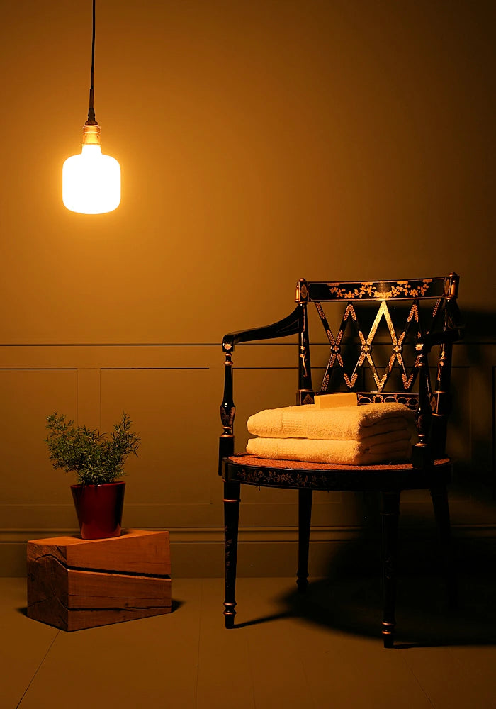 Tala Oblo bathroom pendant light, plant and ornate chair.