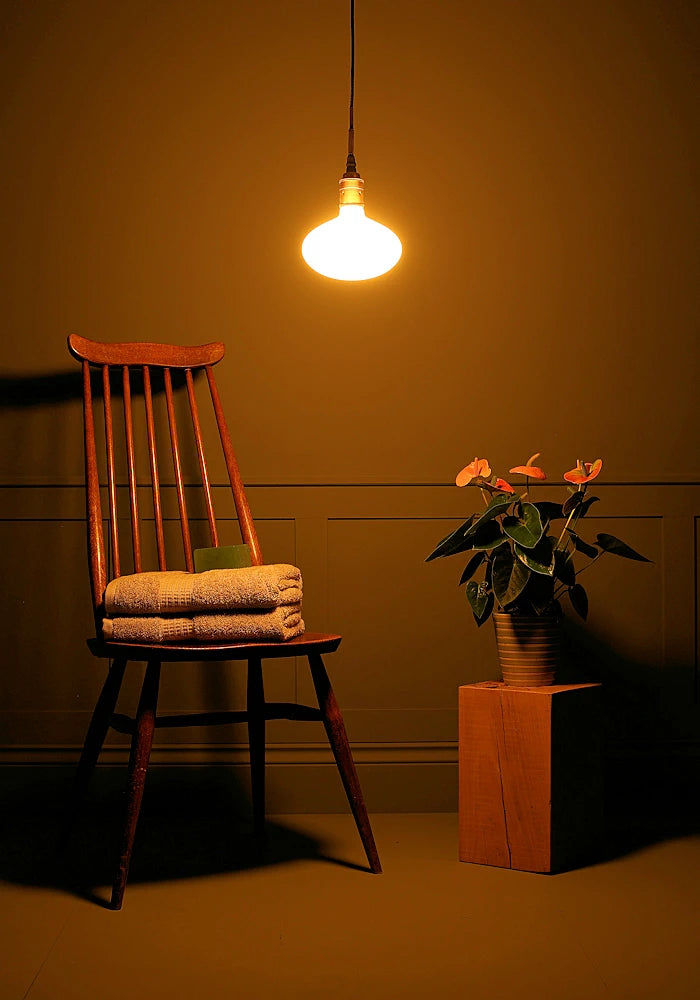 Tala Oval bathroom pendant light, wooden chair and plant.